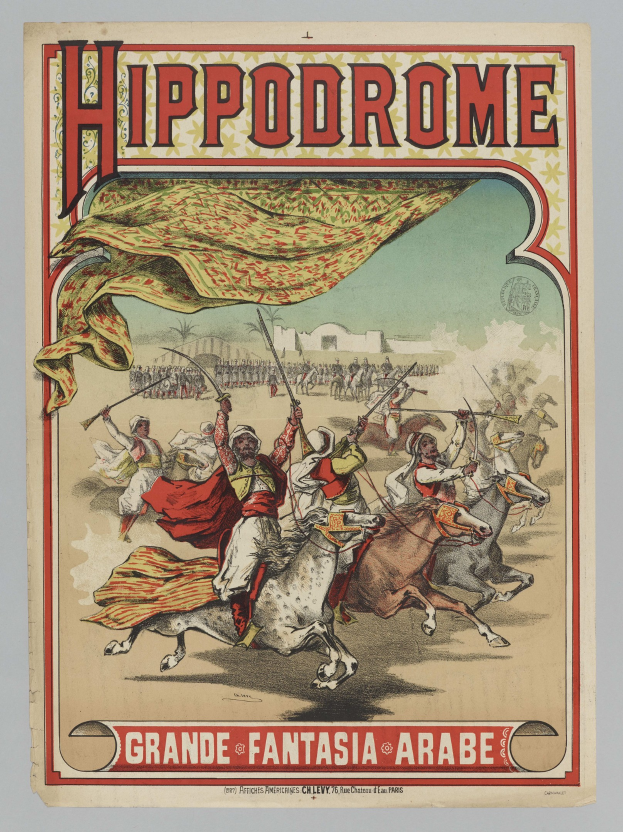 Plakat für "Hippodrome, die große Fantasie Arabiens" zeigt eine Gruppe von Menschen auf Pferden mit Waffen, mit Text zur Beschreibung des Ereignisses.