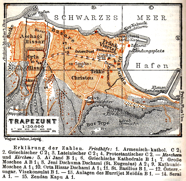 Ein detaillierter alter Stadtplan von Trapezunt, Deutschland, der Stra├čen, Geb├Ąude, Landmarken und begleitenden Text mit Informationen ├╝ber die Bev├Âlkerung, Stra├čen und Landmarken zeigt.
