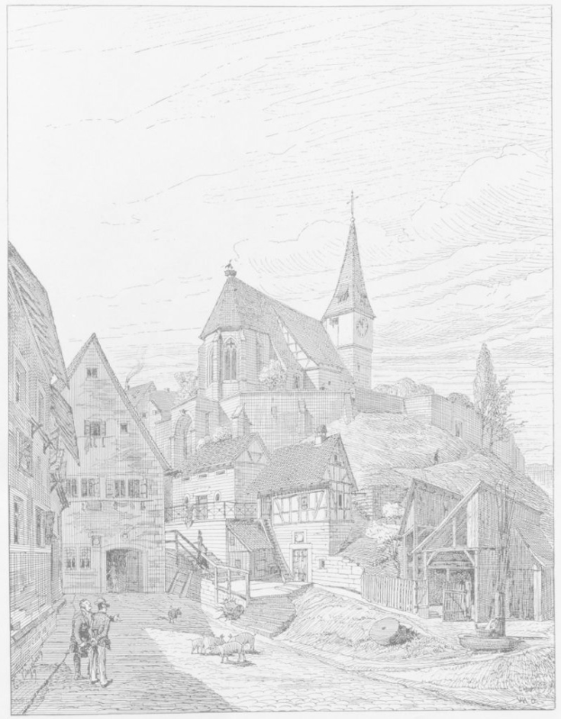 Schwarz-weiß-Zeichnung einer Straßenszene mit einer Kirche im Hintergrund, umgeben von Gebäuden, Menschen, Tieren, Bäumen und Himmel, mit der Bildunterschrift "Die Kirche der Heiligen Dreifaltigkeit in der Altstadt von Heidelberg, Deutschland" unten.