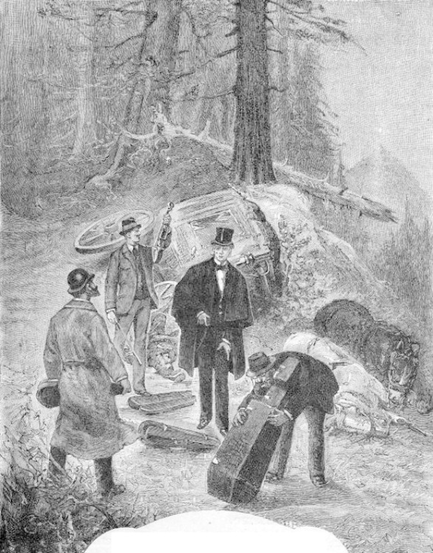 Schwarzes und weißes Bild einer Gruppe von Männern in einem bewaldeten Gebiet, die ein Auto umgeben, wobei einer der Männer eine Waffe hält, und Text unten mit der Aufschrift "Der Tod von George Washington."