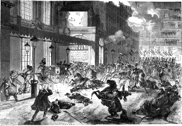 Eine Zeichnung eines Raums mit zwei Pferden, zwei auf dem Boden sitzenden Personen und verschiedenen verstreuten Gegenständen, mit Text unten.