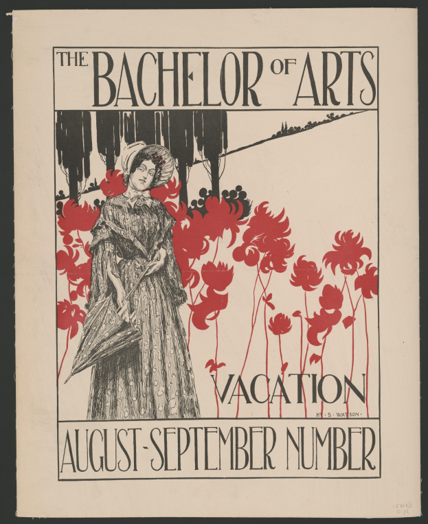 Plakat mit schwarzem Hintergrund, das eine Frau in einem weißen Kleid mit blauer Stola und weißem Hut zeigt, die in einem Feld gelber Blumen unter einem blauen Himmel steht, Text lautet "The Bachelor of Arts Vacation August-September Number" in weißer Schrift mit goldenem Rand.