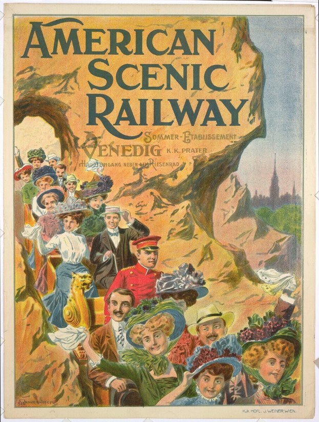 Plakat für die Amerikanische Scenic Railway in Venedig, Deutschland, das Menschen vor Hügeln unter einem klaren blauen Himmel zeigt, mit Text und einigen, die Hüte tragen.