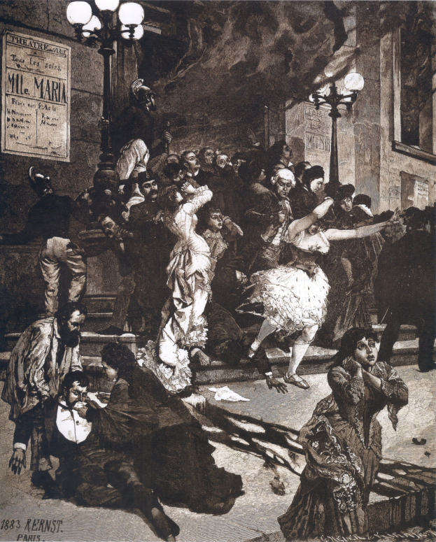 Schwarze und weiße Illustration von tanzenden Menschen vor einem Gebäude mit Laternenmasten und einer Tafel an der Wand, beschriftet mit "Der Tanz der Oper" unten.