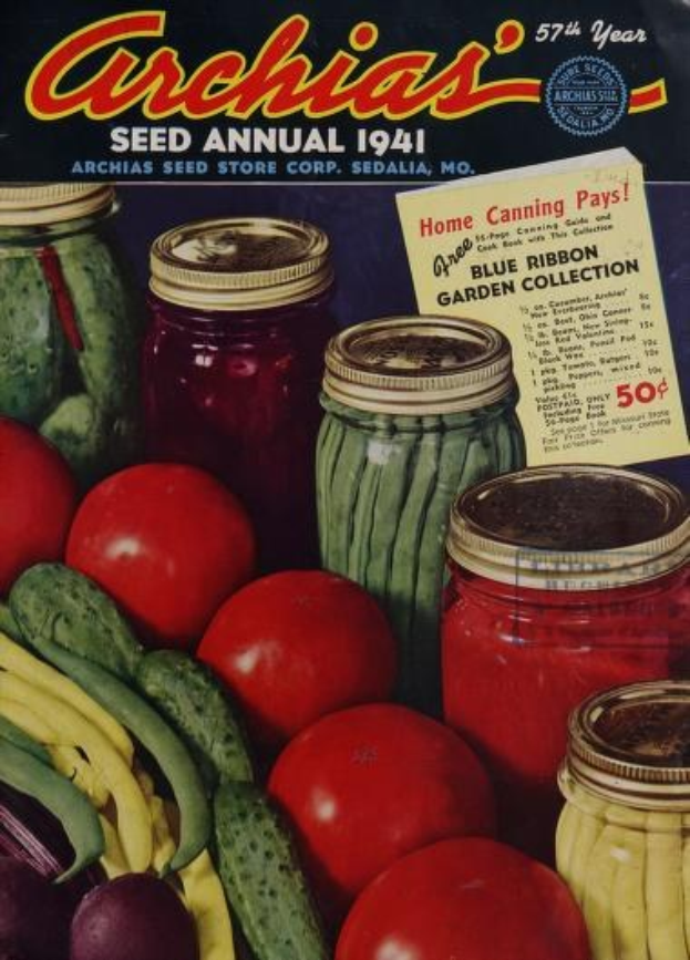 Ein Buchumschlag mit der Aufschrift "Archias Saatgut-Jahrbuch 1941", der Tomaten, Gurken, Paprika und Gläser mit verschiedenen Gemüsen zeigt, mit fetter Schrift, die den Inhalt beschreibt.