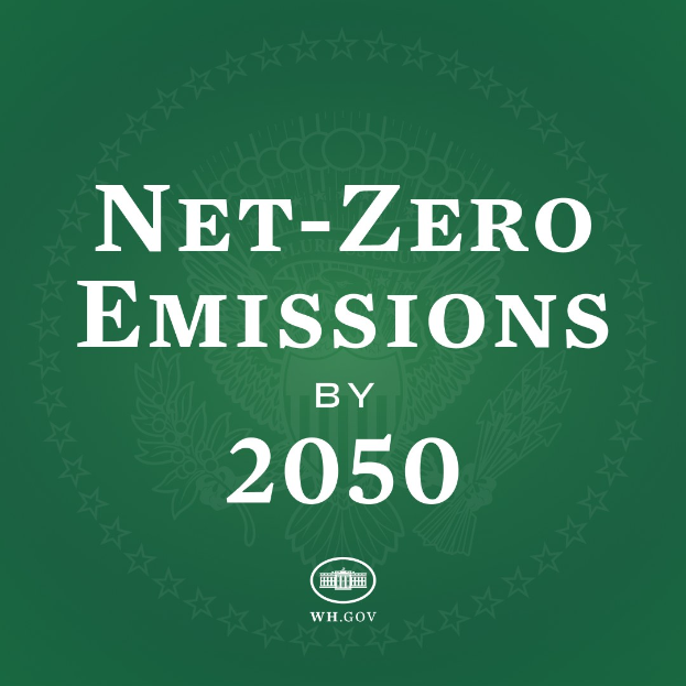 Fetter weißer Text "net-zero emissions by 2050" auf einem festen grünen Hintergrund.