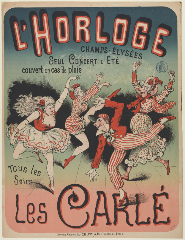 Ein farbenfrohes Konzertplakat für ein Event im Chorlage in Paris, das eine Gruppe von Menschen zeigt, die in bunten Kostümen tanzen und strahlend gegen einen hellgelben Hintergrund lächeln.