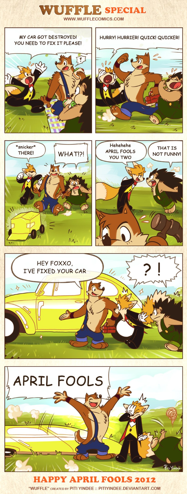 Comicstrip-Plakat mit der Überschrift "Aprilscherz", das einen Cartoon-Mann und -Frau zeigt, die sich in einer hellblauen Landschaft mit weißen Wolken unterhalten, einer Person mit ausgestreckten Händen, Text in fetter schwarzer Schrift.