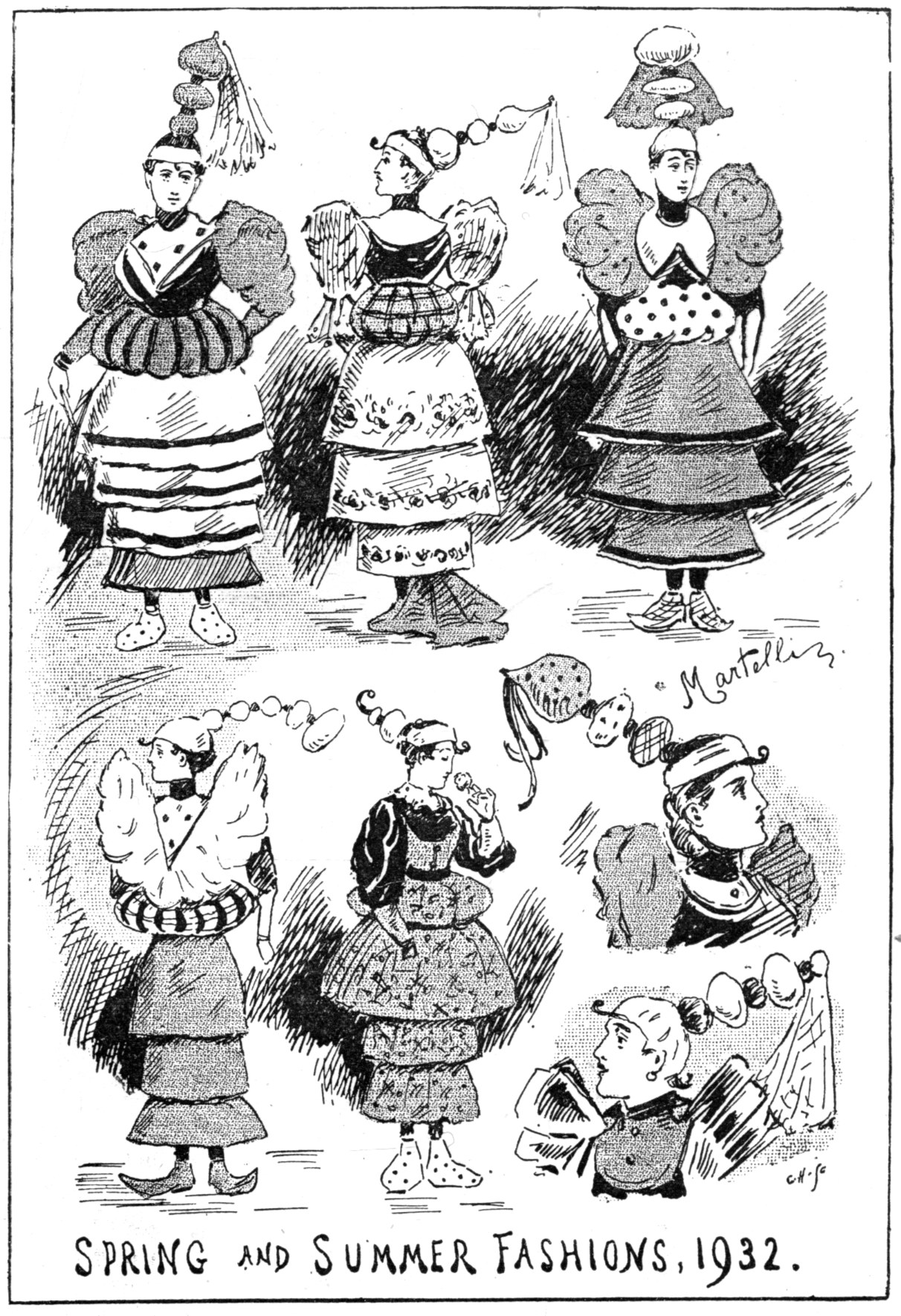 Fashion-Illustration aus dem Jahr 1932, die Frauen in Frühling- und Sommerkleidern zeigt, begleitet von beschreibendem Text.