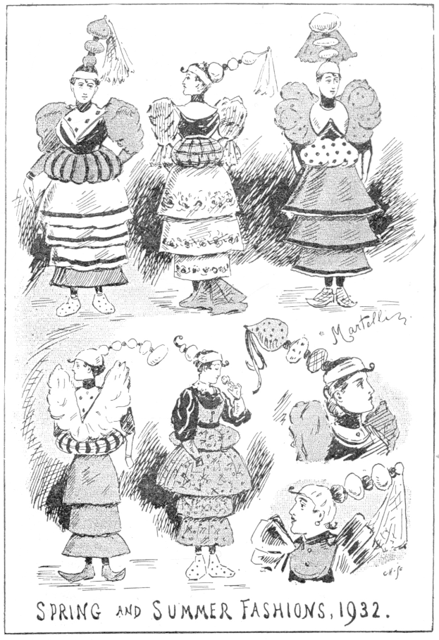 Fashion-Illustration aus dem Jahr 1932, die Frauen in Frühling- und Sommerkleidern zeigt, begleitet von beschreibendem Text.