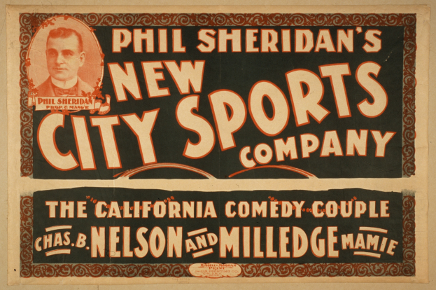 Plakat für die neue Stadt-Sportfirma von Phil Sheridan mit einem zentralen menschlichen Gesicht und beschreibendem Text.