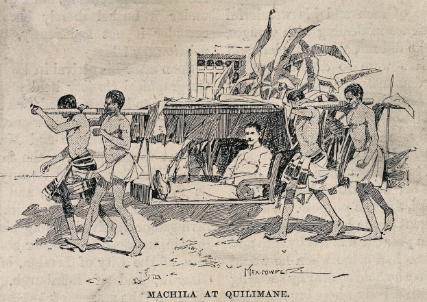 Eine Zeichnung von Menschen, die ein Spiel von Machila spielen, mit einer sitzenden Person in der Mitte, umgeben von Blättern und einem Gebäude im Hintergrund, mit Text unten.