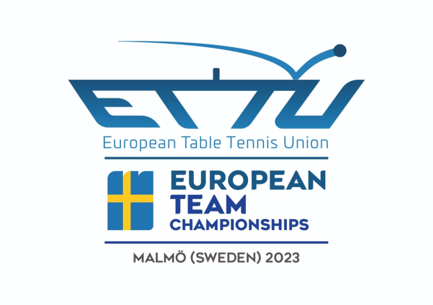 Logo der Europäischen Tischtennis-Union (ETTU) für die Europameisterschaften im Mannschaftsbewerb, mit einem blauen Kreis mit einem weißen Tischtennisschläger und einem weißen und blauen Rand, mit schwarzer, fetter Schrift darunter.