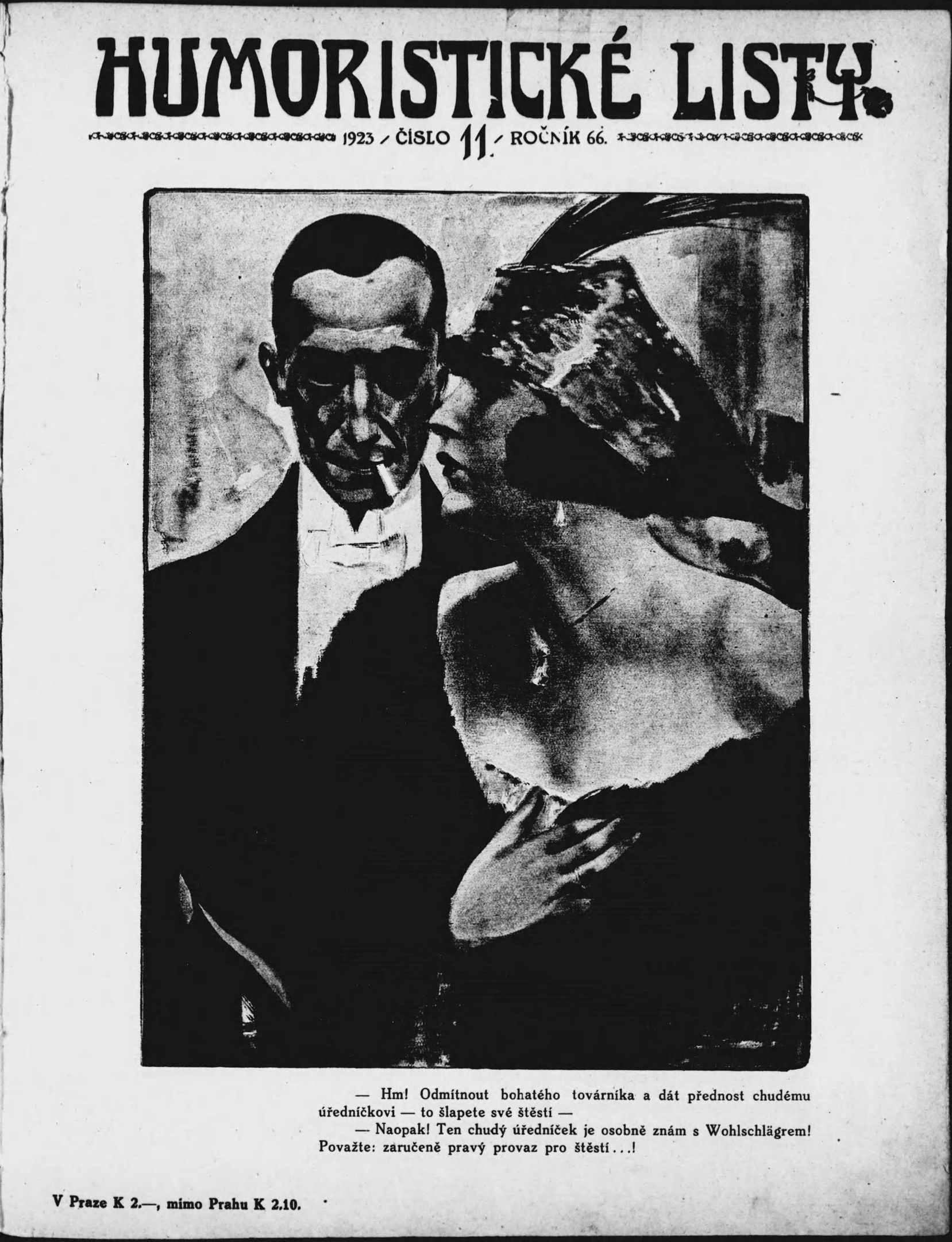 Schwarz-weißes Magazin-Cover mit der Aufschrift 'Humoristische Liste', das einen Mann in Anzug und eine Frau mit einem Schmunzeln zeigt.