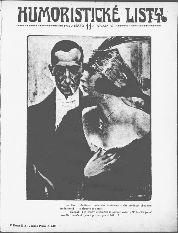 Schwarz-weißes Magazin-Cover mit der Aufschrift 'Humoristische Liste', das einen Mann in Anzug und eine Frau mit einem Schmunzeln zeigt.