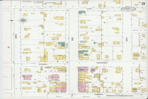Ein alter Stadtplan von San Francisco, Kalifornien, mit Gebäuden und Text, wahrscheinlich ein Plan von Knoxville, wie unten angegeben.
