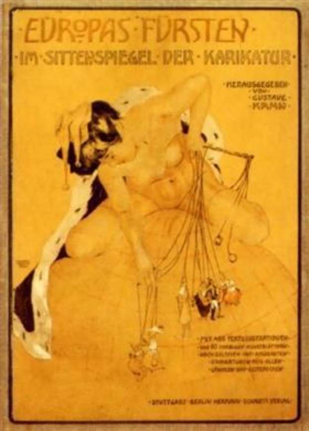 Plakat für eine Circus-Show namens "Europas Fursten - Im Sittenspiegel der Karikatur", das eine Frau in einem Bikini und einen Mann in einer Badehose in gedämpften Blautönen und Grautönen zeigt.