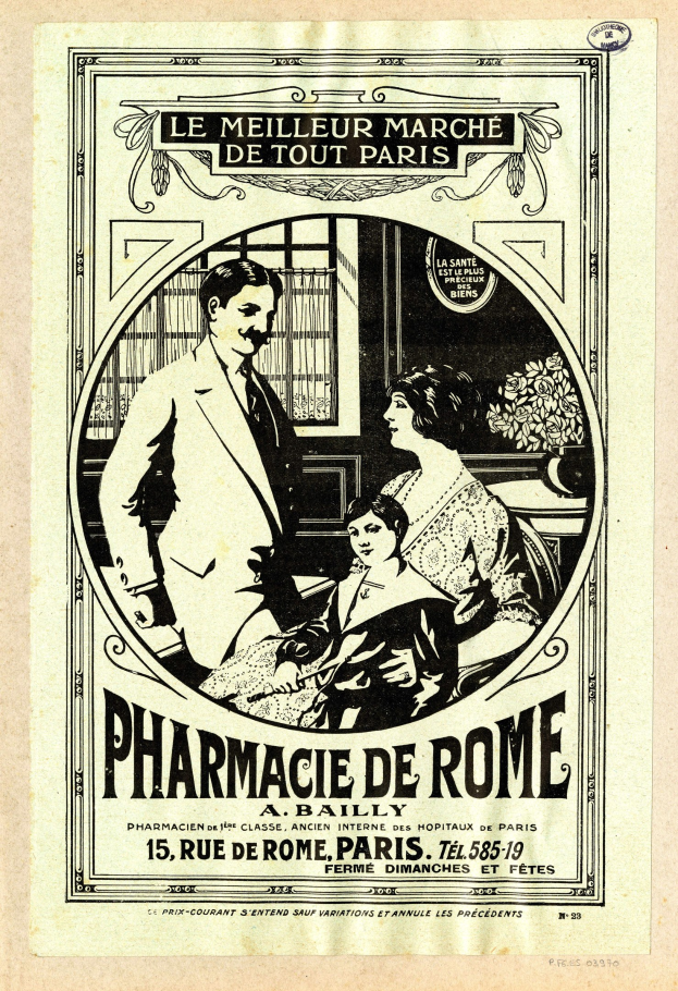 Schwarz-weiß-Werbung für eine Apotheke in Rom, auf der ein Mann und eine Frau nebeneinander stehen und Text über die Apotheke und ihre Dienstleistungen angezeigt wird.