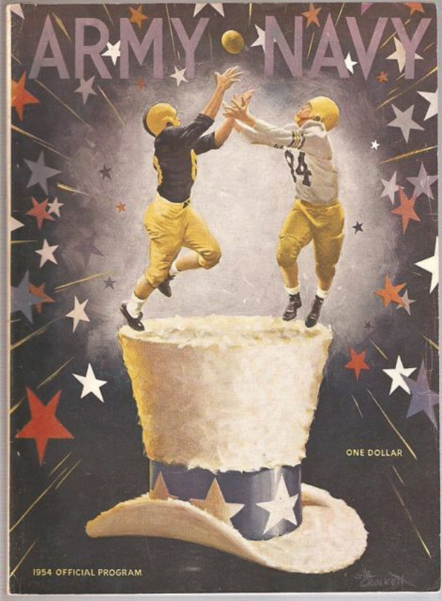 Plakat von zwei Füßtballspielern in gelben Uniformen und Helmen, die einen Ball fangen, mit dem Text "1954 Army Navy Football Program" oben auf einem sternenklaren Hintergrund.