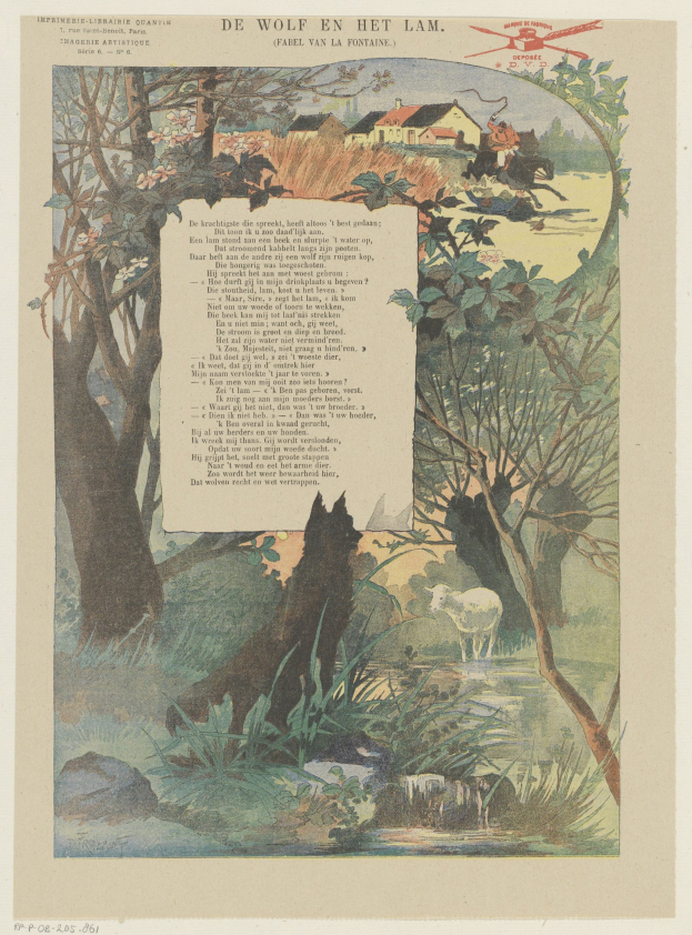 Ein altes Buchillustration mit einem Wolf in einer bewaldeten Landschaft mit Bäumen, Pflanzen, Gras, Wasser, Tieren, Häusern und einem Himmel, begleitet von Text.