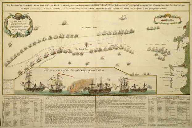 Ein Blatt Papier, das eine Karte der britischen und spanischen Flotten im Mittelmeer zeigt, mit mehreren Schiffen im Hintergrund und begleitendem Text, der die Schiffe detailliert.