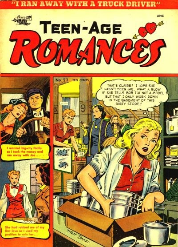 Ein farbenfroher DC-Comics-Plakat titled 'Teen-Age Romances 23-A', der eine Gruppe von Menschen in einer fröhlichen, romantischen Umarmung zeigt mit fetter Schrift und leuchtenden Farben.