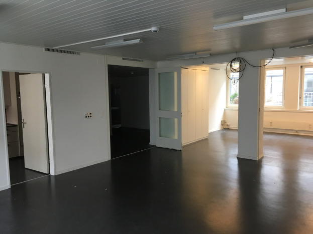 Leerer Büroraum mit schwarzen Böden, weißen Wänden, elektrischen Lampen, Kabeln, Türen, Schränken, Fenstern und einer Aussicht auf Gebäude und Bäume draußen.