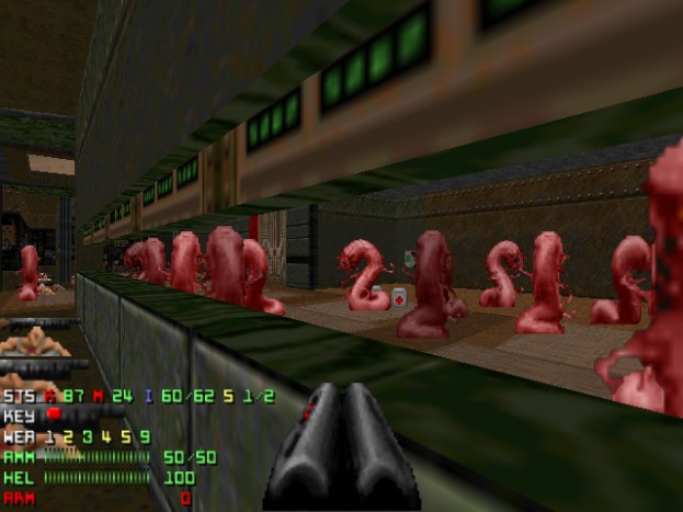 Animierter Screenshot aus dem Videospiel Doom II, der mehrere Zombies in einem Raum, eine Waffe unten und Statusinformationen einschließlich des Spielnamens links zeigt.