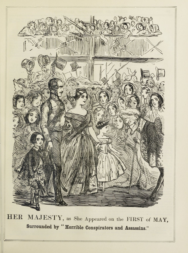 Eine historische Illustration, die einen Mann in einem langen Mantel und Hut und eine Frau in einem prunkvollen Kleid zeigt, die vor einer Menge stehen, mit der Bildunterschrift "Ihre Majestät, wie sie am ersten Mai erschien, umgeben von schrecklichen Verschwörern und Attentätern".