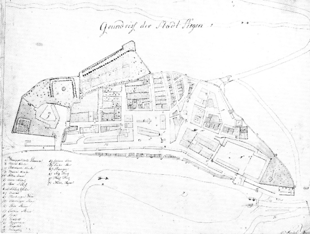 Schwarz-weiß-Karte von Stadt Sigra, Deutschland, zeigt einen detaillierten Aufbau von Gebäuden und Straßen mit Textanmerkungen.