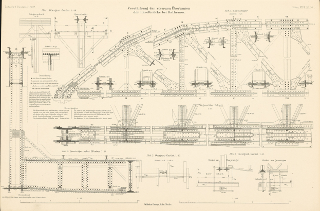Altes Buch mit einem detaillierten Diagramm einer Eisenbahnschiene und Brückenkonstruktion auf seinen Seiten.