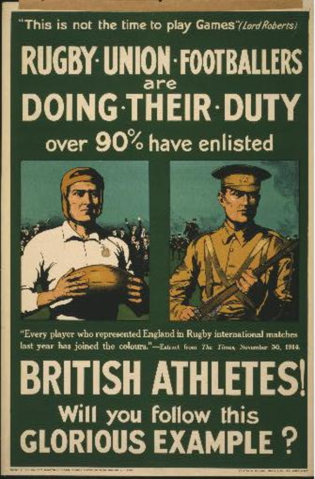 Ein Vintage-Plakat zeigt zwei Rugby-Union-Fußballer und wirbt für ihre Einberufung, wobei über 90% der britischen Athleten eingezogen sind.