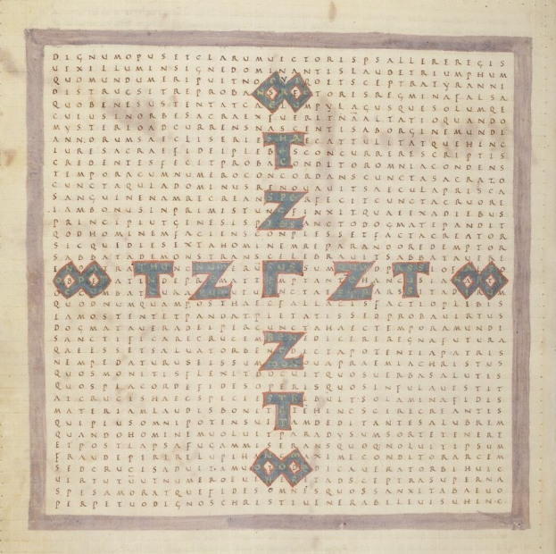 Eine Seite aus einem Buch mit einem Kreuzworträtsel mit Text, Zahlen, Buchstaben und Symbolen.