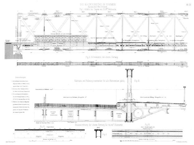 Eine detaillierte Zeichnung einer Brücke, einschließlich der Kaiserbrücke in Bremen, mit begleitendem Text, der weitere Informationen enthält.