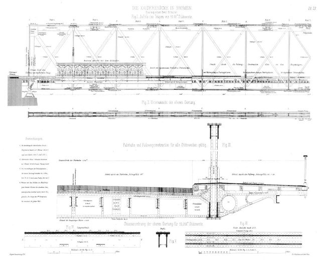 Eine detaillierte Zeichnung einer Brücke, einschließlich der Kaiserbrücke in Bremen, mit begleitendem Text, der weitere Informationen enthält.