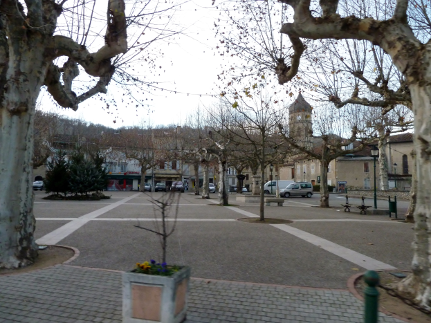 Ein Stadtplatz mit Bäumen, Gebäuden, Straßenlaternen, Straßenschildern, Kraftfahrzeugen, Bänken, Pflanzen und einem klaren blauen Himmel, mit einem Topfpflanze in der Mitte.