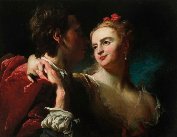 Ein Gemälde eines Mannes und einer Frau in inniger Umarmung, wobei die Frau ein weißes Kleid trägt und der Mann ein rotes Kleid trägt, vor einem dunklen Hintergrund.