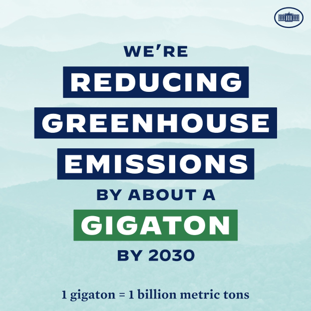 Plakat mit Text und Logo, das "Wir reduzieren die Treibhausgasemissionen um etwa eine Gigatonne bis 2030" fordert.