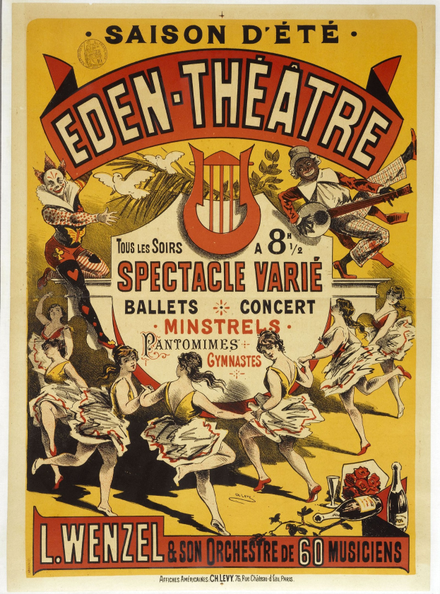 Plakat für das Eden Theatre in Paris mit einer farbenfrohen Illustration von Menschen, die in einem Kreis tanzen, unter der markanten Aufschrift "Eden Theatre", mit bunten Kostümen und einem hellgelben Hintergrund.