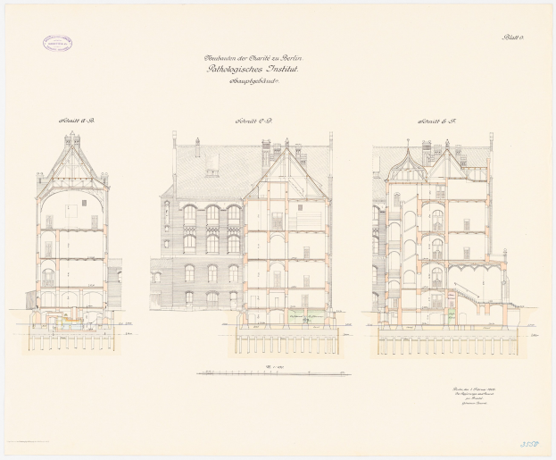 Schwarz-weißer architectural drawing of the Charles II School in Berlin, featuring a multi-windowed building with detailed floor plans and text annotations.