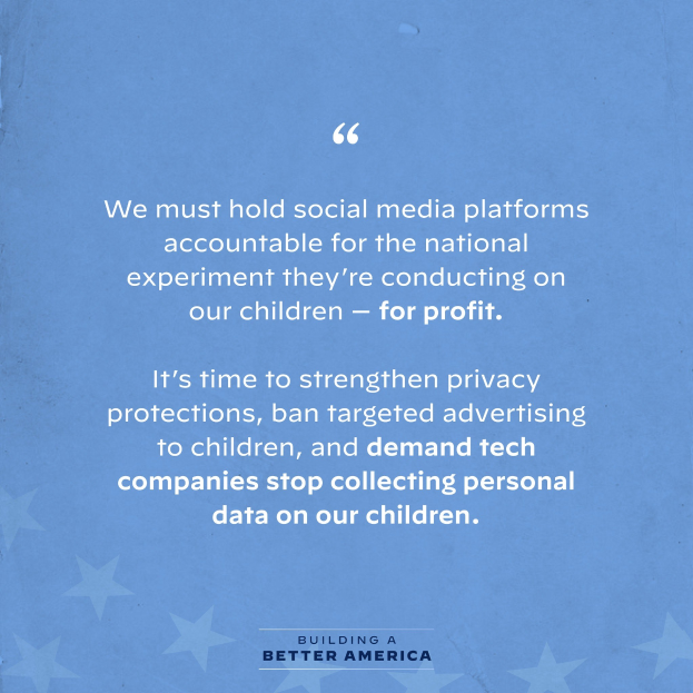 Plakat mit einem Zitat aus Building a Better America, das fordert, soziale Medienplattformen für das Experimentieren an Kindern zum Profit zur Rechenschaft zu ziehen, dekoriert mit Sternen.