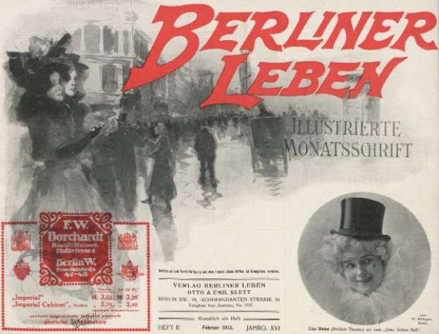 Werbeplakat für das Berliner Leben Theater mit einer Frau in Zylinder und einem Mann im Anzug, mit Text, einem Stempel, einigen Menschen und Gebäuden im Hintergrund.