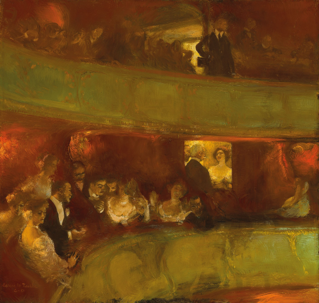 Gemälde einer lebendigen TheaterSzene mit einer vielfältigen Gruppe von formell gekleideten Menschen, die stehen und sitzen, in einem hell erleuchteten, neutralfarbenen Raum.