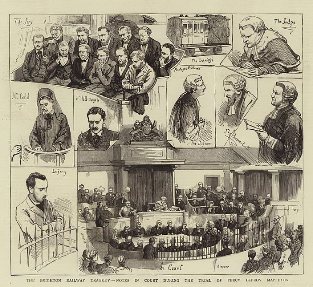 Schwarz-weißes Gerichtsszenario mit einer Gruppe, die sitzt, einer stehenden Person mit einem Buch, einem Zug im Hintergrund und dem Text "The Brighton Railway Tragedy - Notes in Court During the Trial of Percy Leffroy Mapleton" unten.