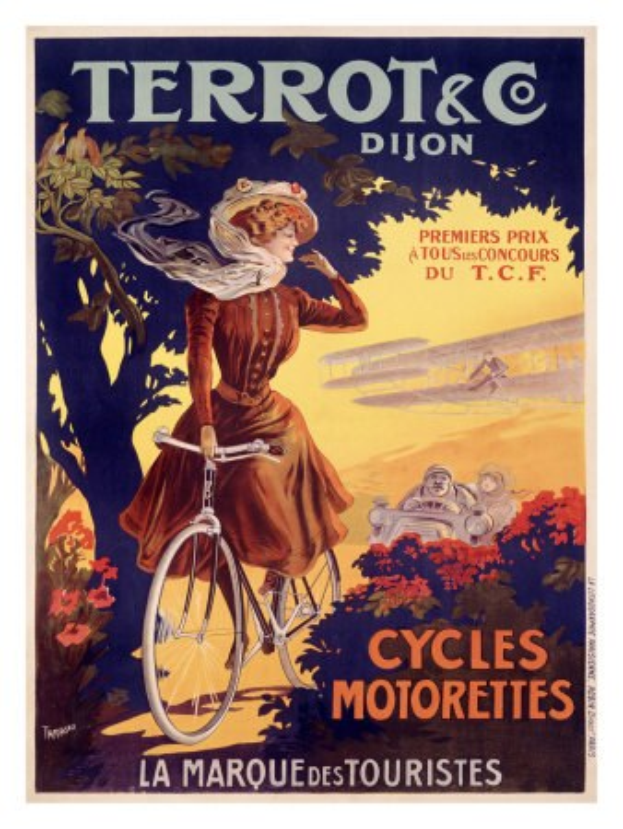 Ein Plakat für eine Fahrradtour in Frankreich, das eine Frau auf einem Fahrrad zeigt, umgeben von Bäumen, Blumen und anderen Menschen, mit Text, der die Tour beschreibt.