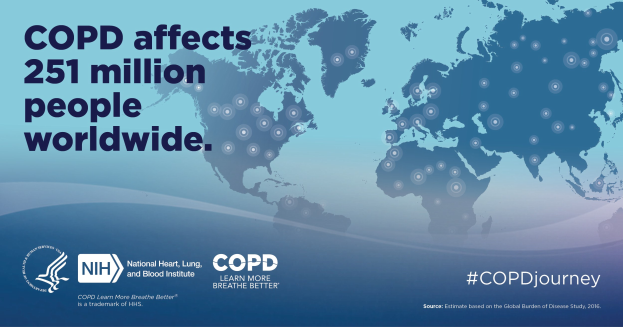Plakat mit einer Weltkarte in verschiedenen Blautönen und fettem Weißtext, der besagt: "COPD betrifft 251 Millionen Menschen weltweit."
