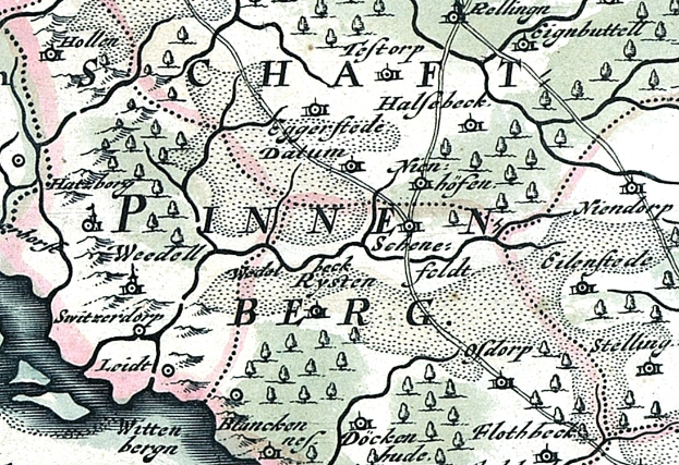 Detailiertes altes Stadtplan von Painen, Deutschland, zeigt Straßen, Gebäude, Sehenswürdigkeiten und textuelle Informationen zur Stadt.