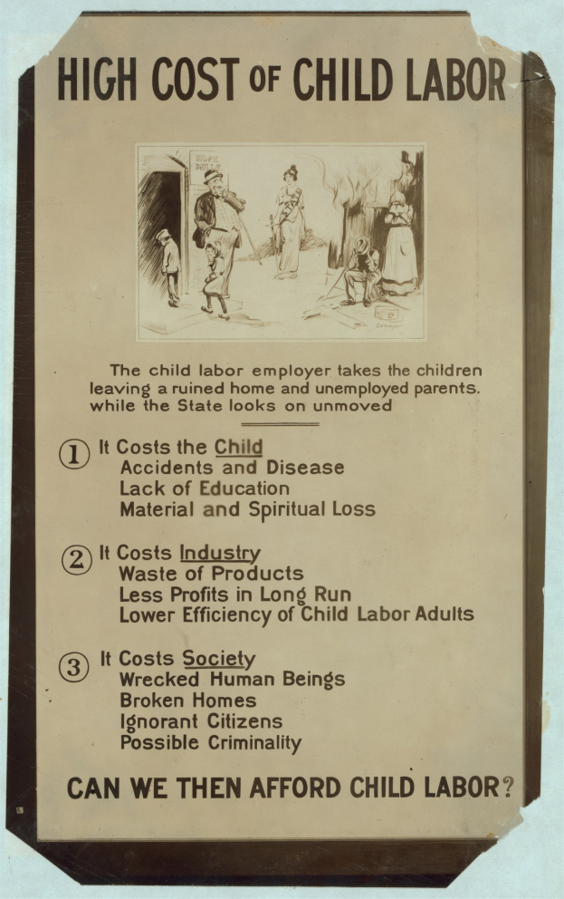 Plakat mit der Überschrift "Hohe Kosten der Kinderarbeit" auf blauem Hintergrund, weißer Schrift und einem weißen Rand, mit einem kreisförmigen Arrangement von Fotos diverser Menschen.