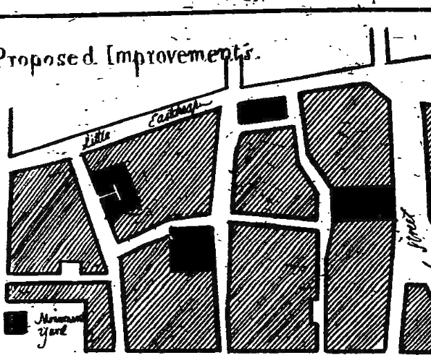 Eine schwarz-weiße detaillierte Karte einer Stadt mit der Aufschrift 'Vorgeschlagene Verbesserungen', die Straßen, Gebäude und Sehenswürdigkeiten zeigt.