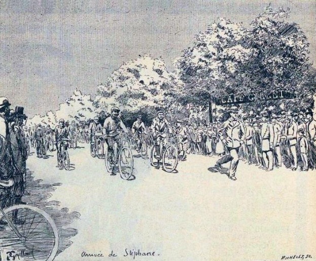Eine bunte Zeichnung von Radfahrern, die eine von Bäumen gesäumte Straße hinunterfahren, mit dem Text "Annie de Stipbane - Tour de France" unten.